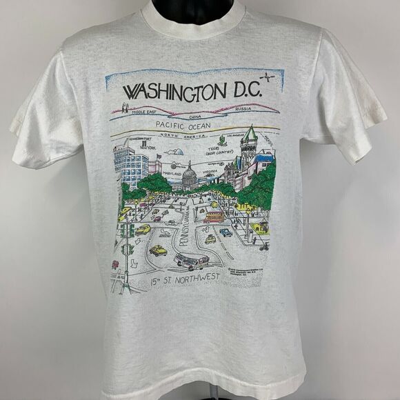 Vintage 80s Washington DC Map T Shirt Mens M Medium Pennsylvania Ave USA White - Picture 2 of 12